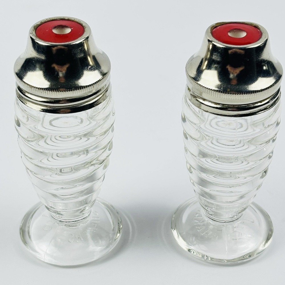 Hazel Atlas Airko Salt & Pepper Shakers, Footed Beehive Bottles, 4 Pc Metal Caps